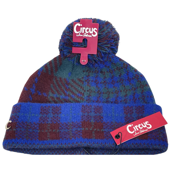 3/$20 Sam Edelman Circus Acrylic Knit Ski Hat Pompom & Logo Blue Plaid New - Picture 1 of 6